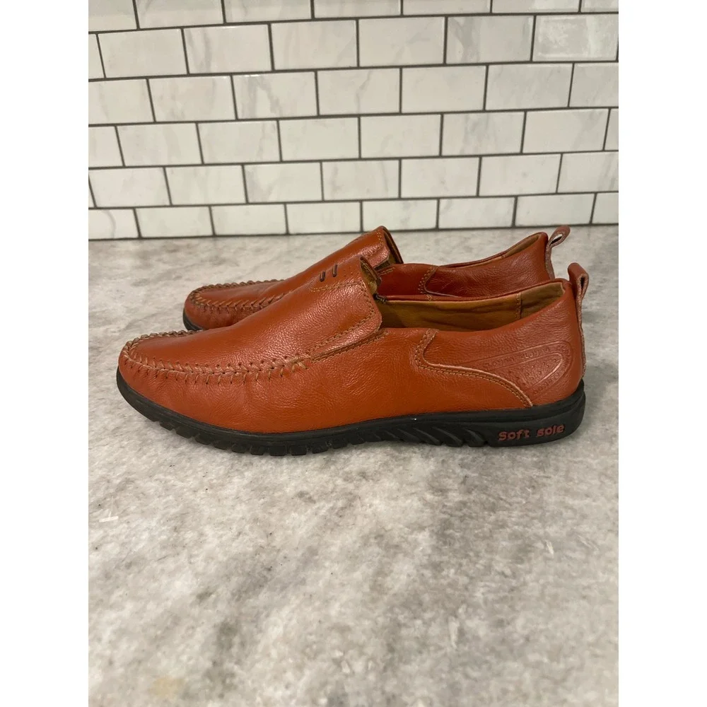 Clohoo Loafers Mens 11 Tan Cognac Leather Slip On Casual Whipstitch Moc Toe
